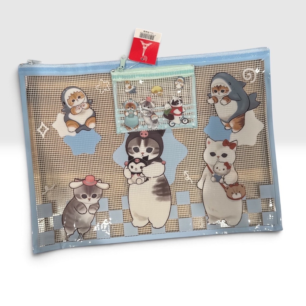 Mofusand Document and Mini Mesh Zip Pouch Bundle Blue Cat Stationery